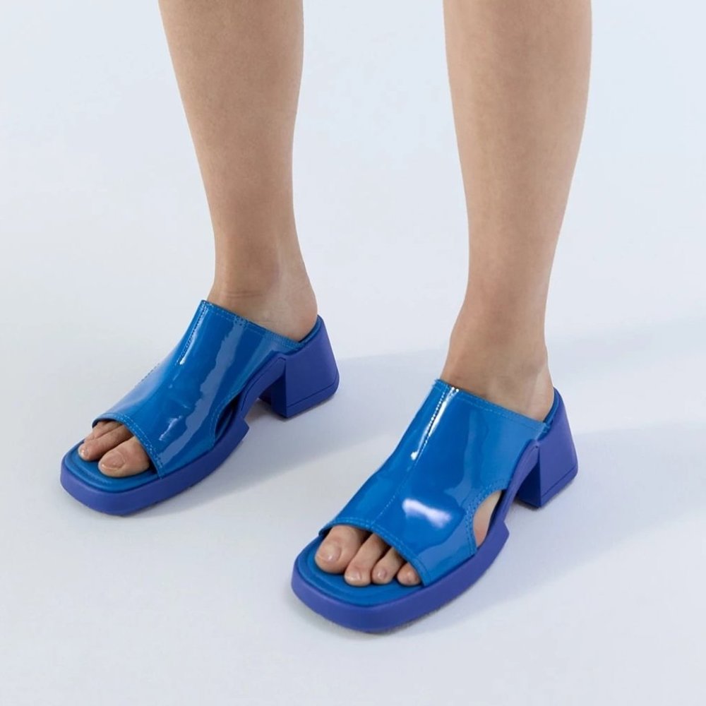 Miista Patent Leather Block Heel Sandals in Bright Blue